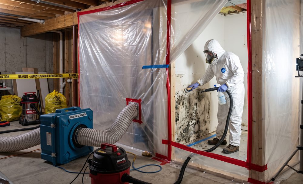 A technician in PPE removing mold from a wall behind plastic containment